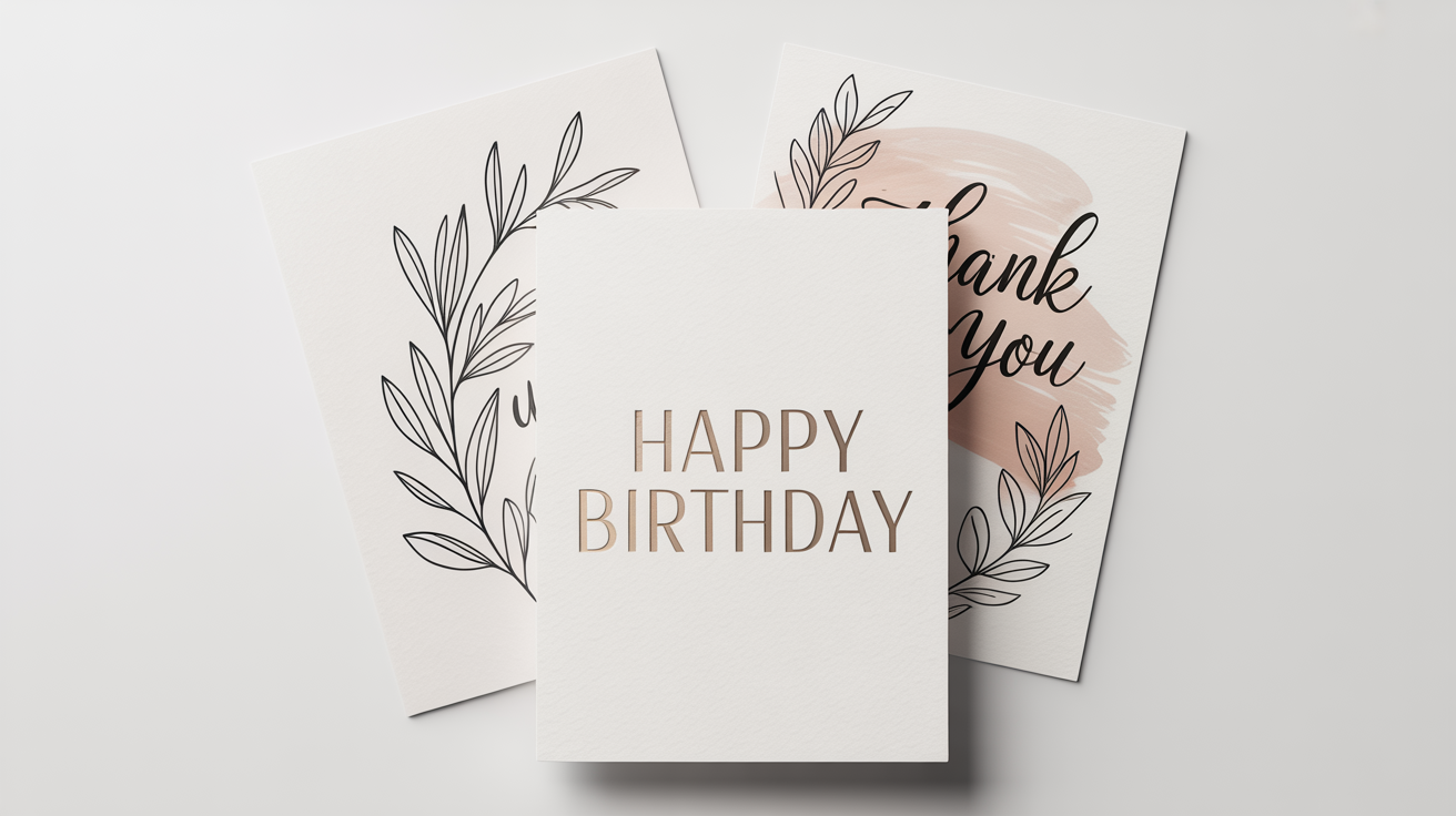 A mockup of several custom-designed greeting cards, including a birthday card and a thank you card, arranged on a clean white background.