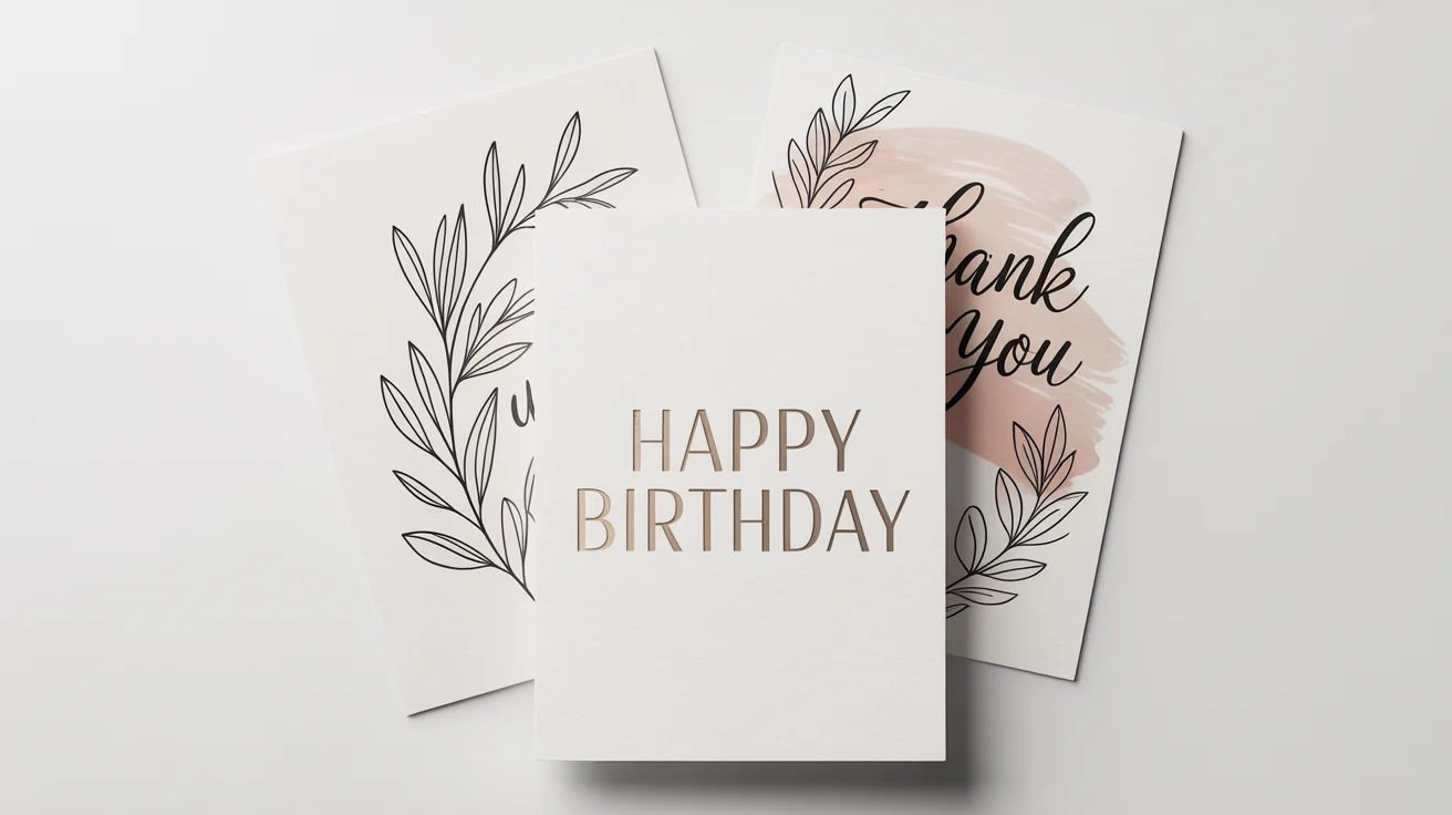 A mockup of several custom-designed greeting cards, including a birthday card and a thank you card, arranged on a clean white background.