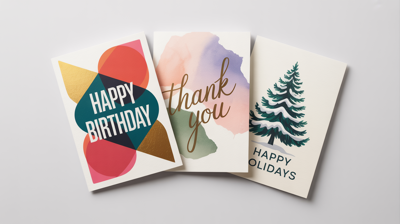 A mockup of three greeting cards for a birthday, thank you, and holidays, arranged on a clean white background, showcasing different design possibilities.