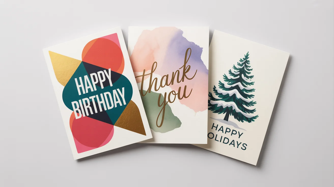 A mockup of three greeting cards for a birthday, thank you, and holidays, arranged on a clean white background, showcasing different design possibilities.