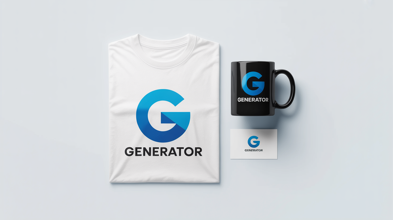 A flat lay of branded merchandise for a company named 'Generator', showing its blue 'G' logo placed on a white t-shirt, a black mug, and business cards.