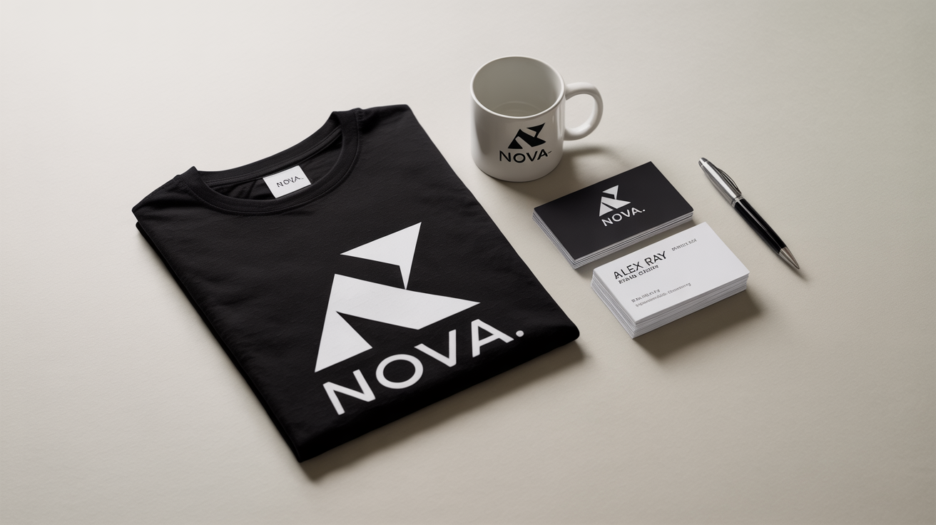 A professional mockup displaying a fictional 'NOVA' brand logo placed on a black t-shirt, a white coffee mug, and a business card, all arranged in a clean flat lay style on a white background.
