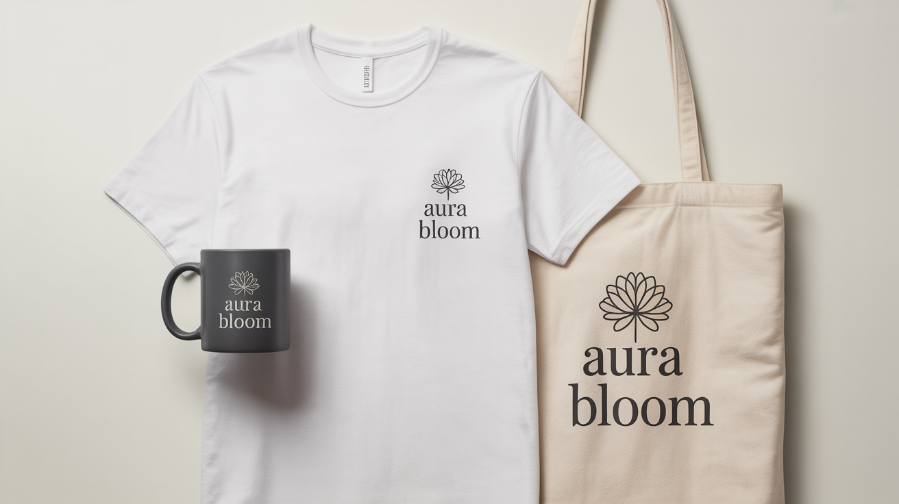 A mockup displaying a logo for the brand 'Aura Bloom' placed on a white t-shirt, a black mug, and a canvas tote bag, all on a white background.