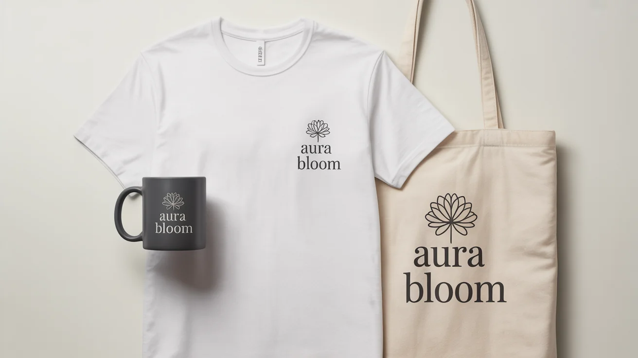 A mockup displaying a logo for the brand 'Aura Bloom' placed on a white t-shirt, a black mug, and a canvas tote bag, all on a white background.