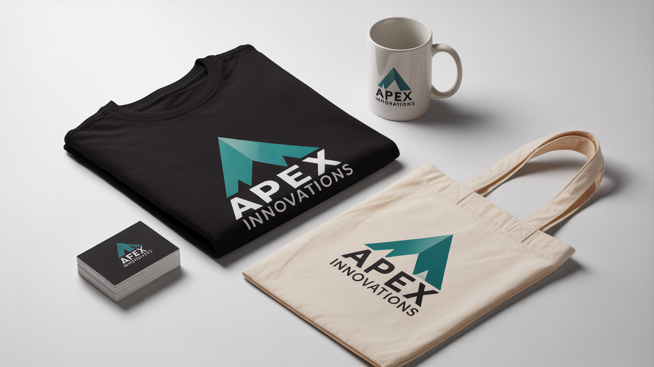 A professional flat lay of branded merchandise for 'Apex Innovations', including a black t-shirt, a white mug, business cards, and a tote bag, all featuring the company's logo on a clean white background.