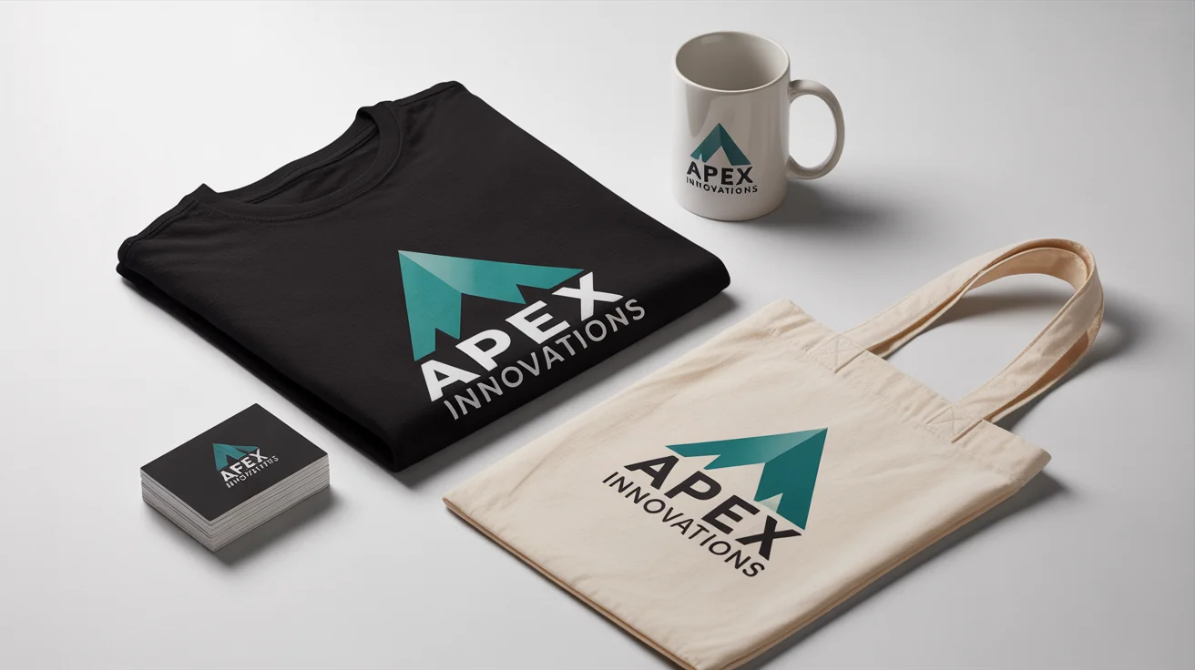 A professional flat lay of branded merchandise for 'Apex Innovations', including a black t-shirt, a white mug, business cards, and a tote bag, all featuring the company's logo on a clean white background.