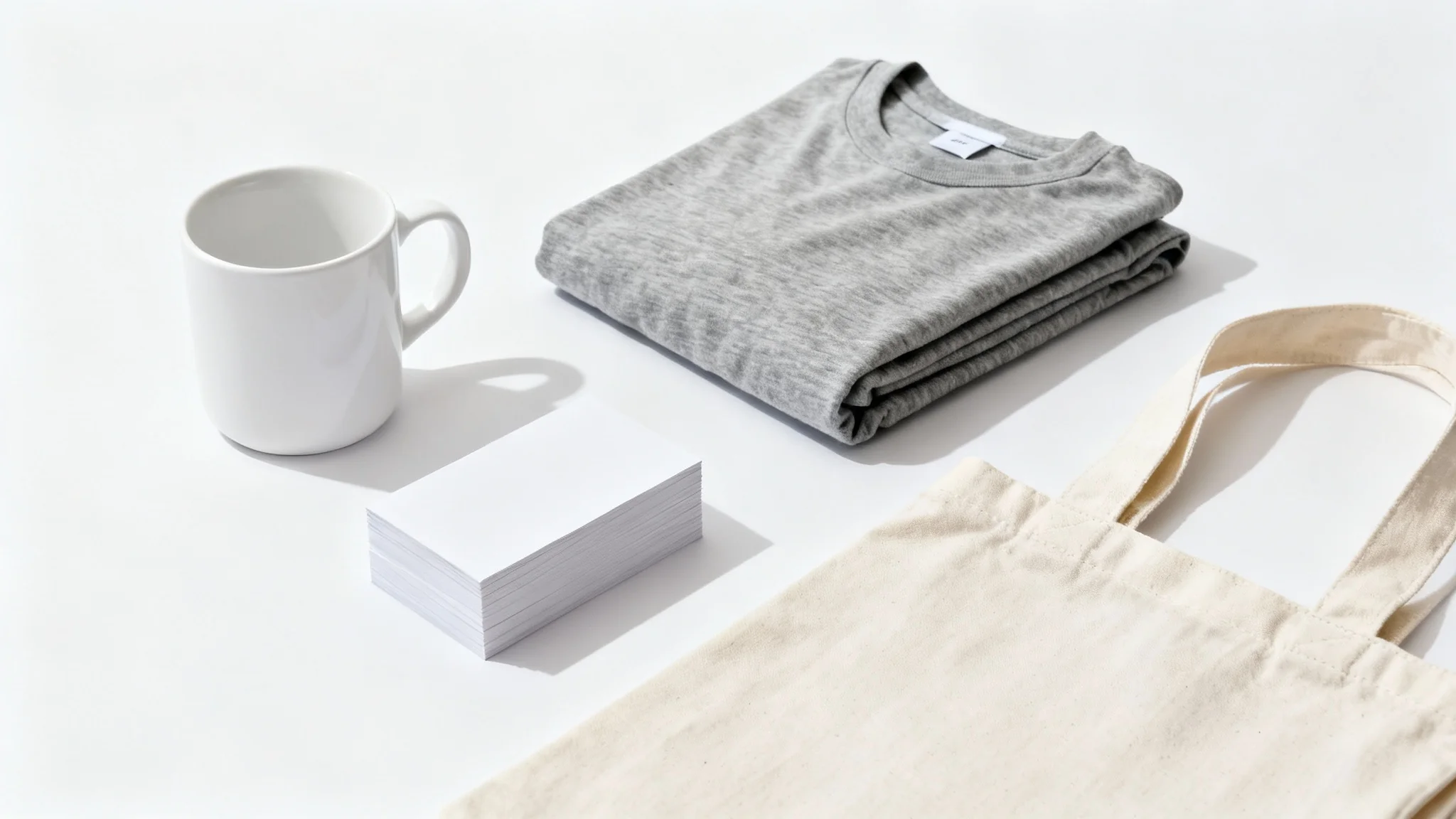 A collection of blank branding items, including a mug, t-shirt, and tote bag, arranged on a white background to showcase different logo placement possibilities.