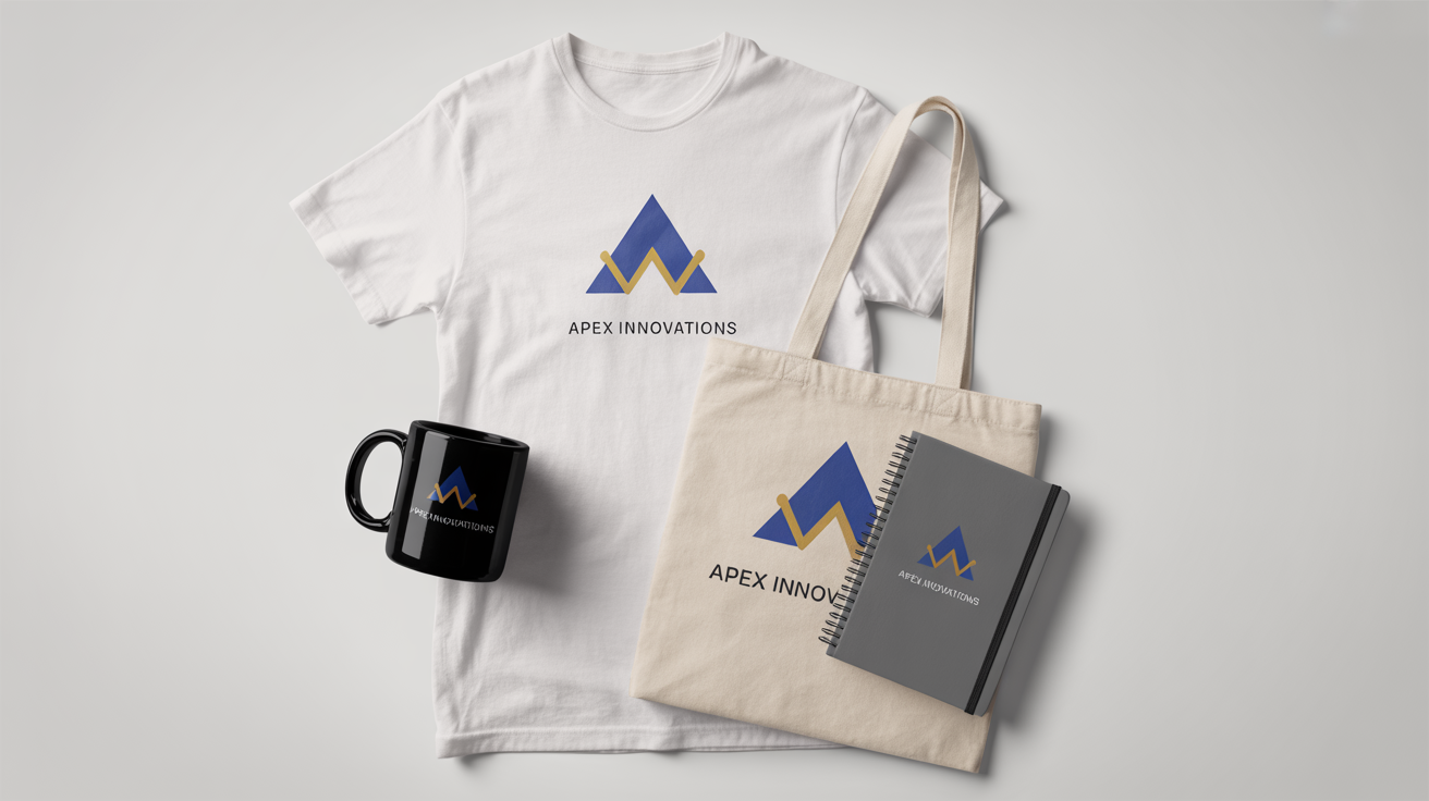 A flat lay arrangement of branded merchandise on a white background, including a t-shirt, mug, tote bag, and notebook, all featuring a fictional 'Apex Innovations' logo to demonstrate logo placement.