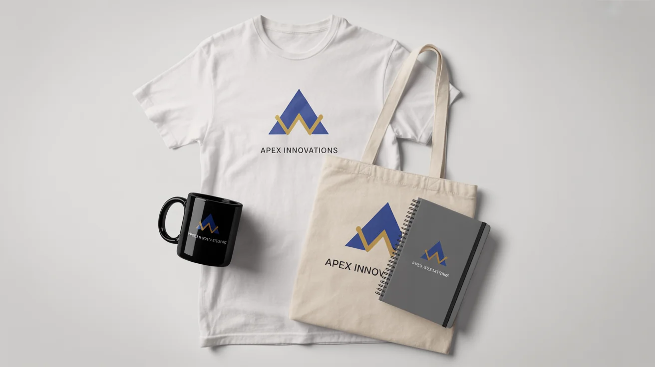 A flat lay arrangement of branded merchandise on a white background, including a t-shirt, mug, tote bag, and notebook, all featuring a fictional 'Apex Innovations' logo to demonstrate logo placement.