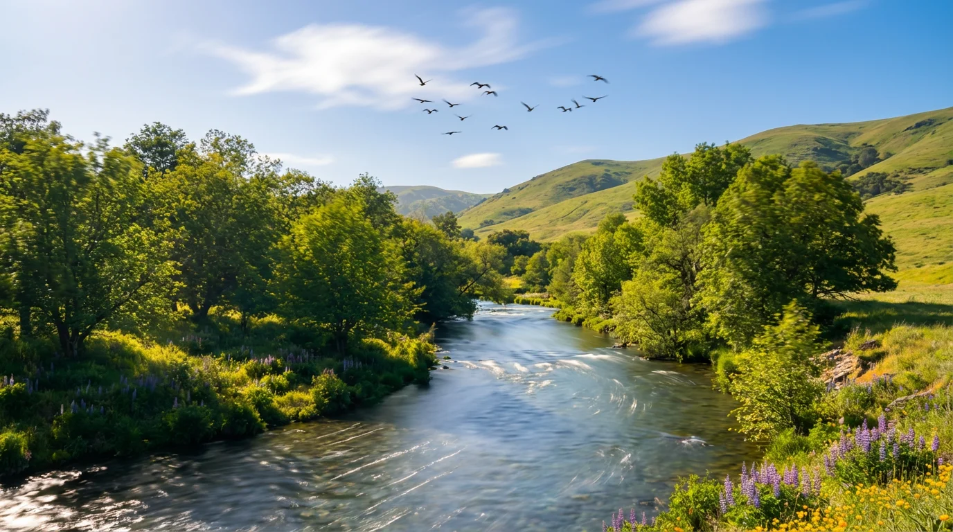 A high-quality image of a landscape that has been animated. Motion is implied through blurred bird wings, flowing water effects, and streaked clouds, showing the result of an image animation tool.