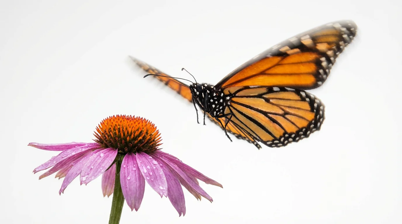 A photorealistic image of a monarch butterfly taking flight from a purple flower, with its wings showing a motion blur effect to symbolize animation, all set against a stark white background.
