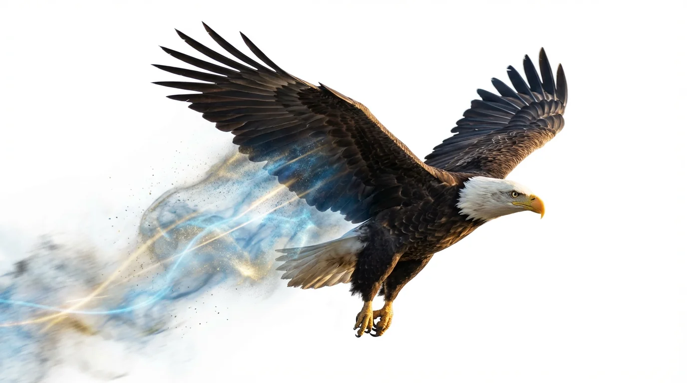 A photorealistic bald eagle in flight against a white background, with glowing light trails and particles streaming from its wings to create an animation effect.