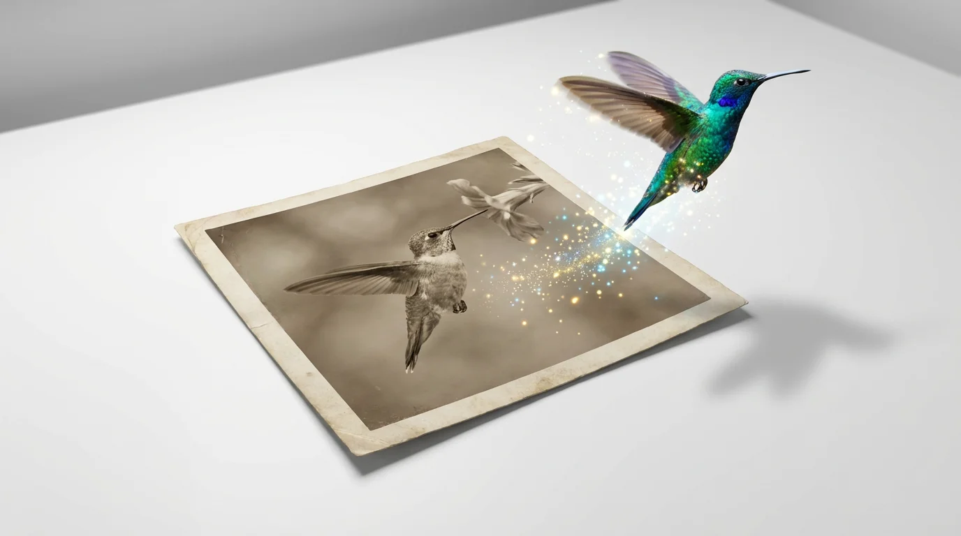 A conceptual photo showing a vibrant hummingbird flying out of a static photograph of itself, with motion blur on its wings, symbolizing the concept of image animation.