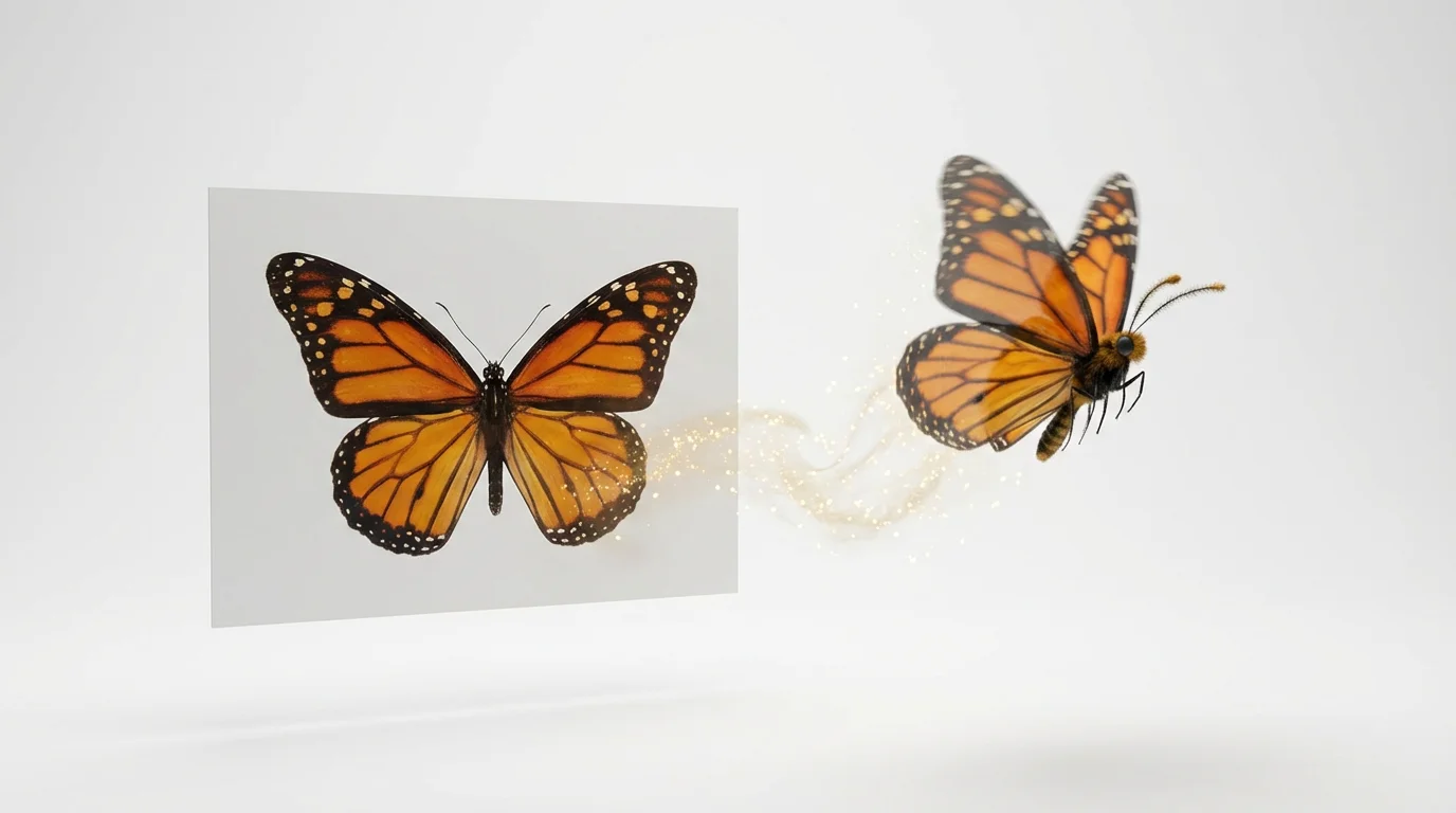A monarch butterfly is shown transforming from a flat, 2D picture on the left into a dynamic, 3D flying butterfly on the right, against a clean white background, symbolizing the process of image animation.