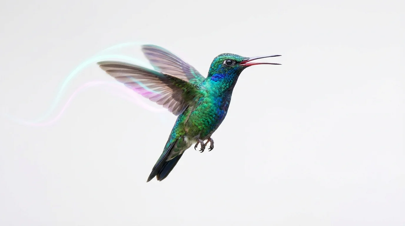 A photorealistic image of a hummingbird in mid-flight against a white background. The wings show motion blur, and light trails follow their path to represent animation.