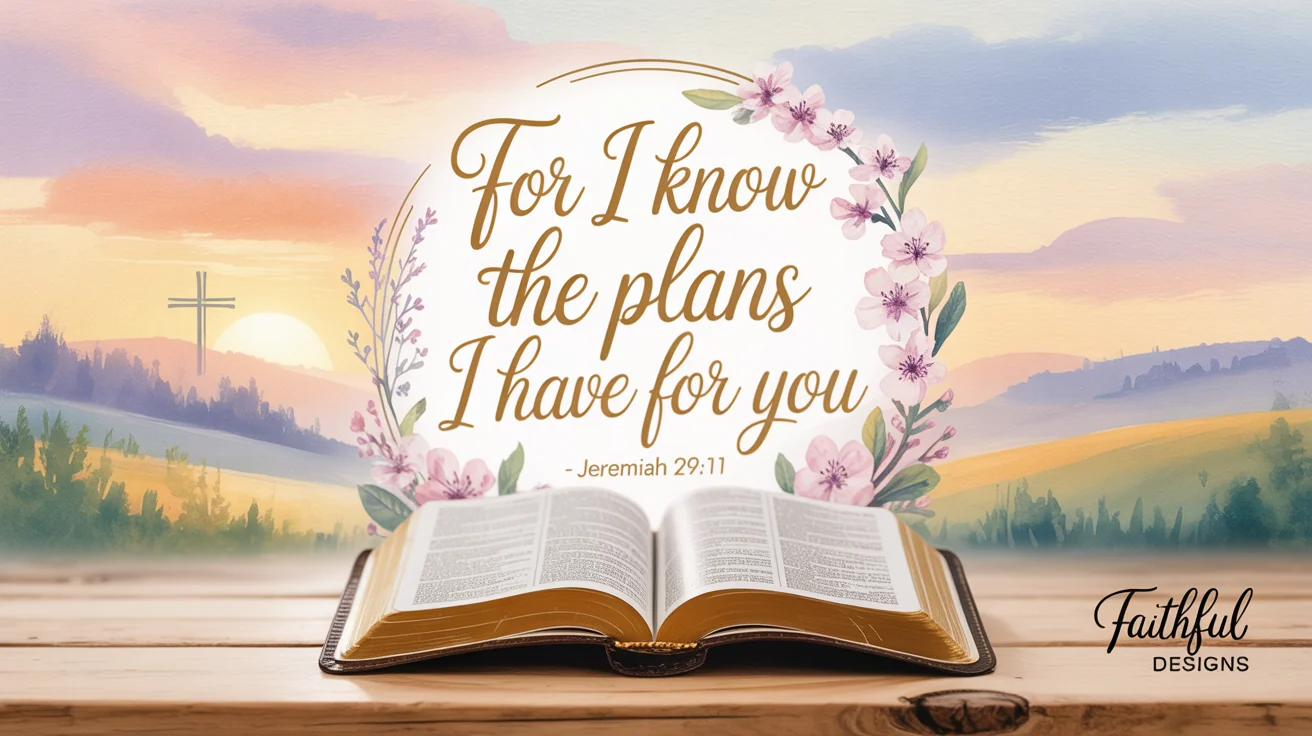 A polished graphic design of a Bible verse. The text 'For I know the plans I have for you - Jeremiah 29:11' is displayed in elegant script over an open Bible, set against a serene landscape background with decorative floral elements and a small logo.