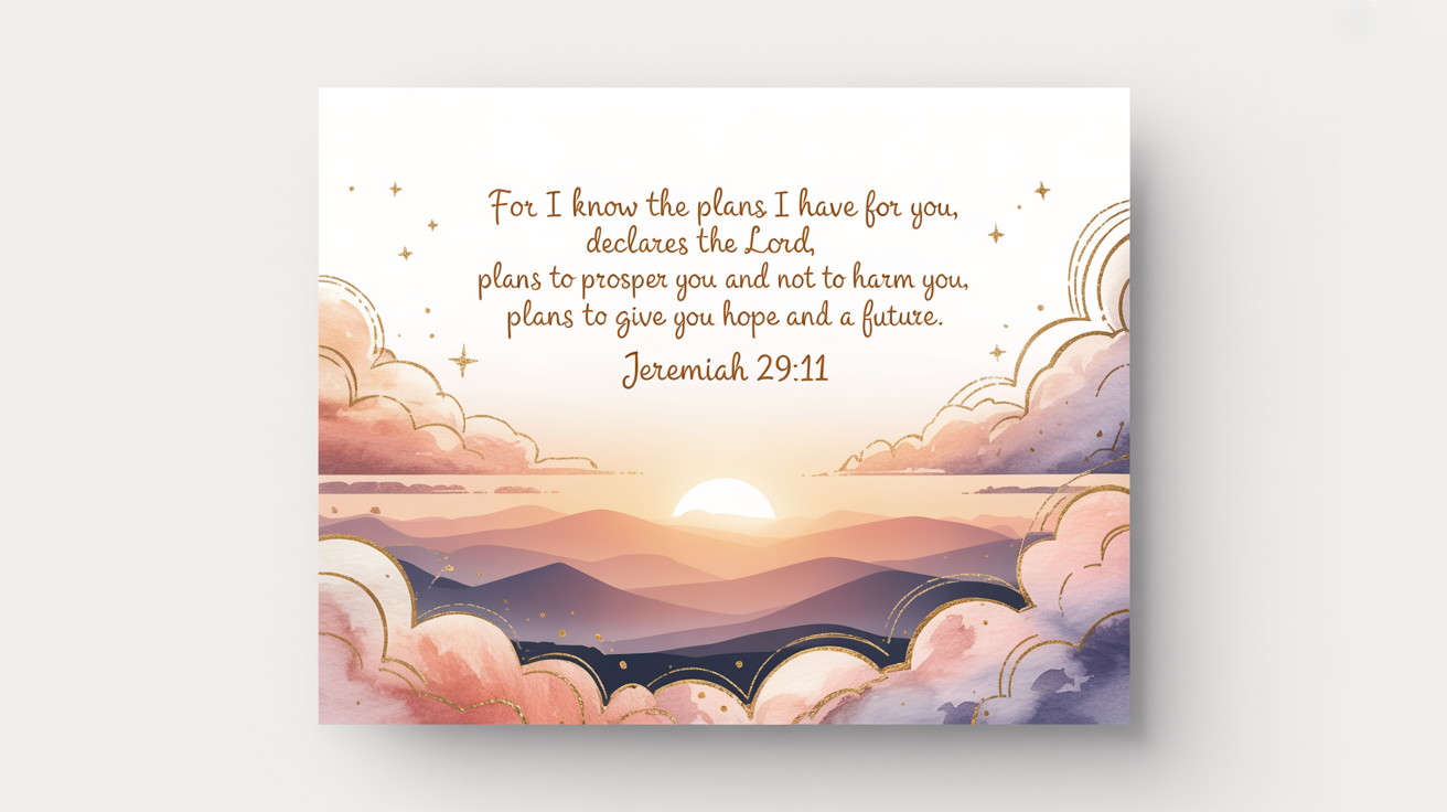 A beautifully designed graphic featuring the Bible verse Jeremiah 29:11, elegantly written in gold and white typography over a serene sunrise mountain background, presented as a mockup on a white surface.