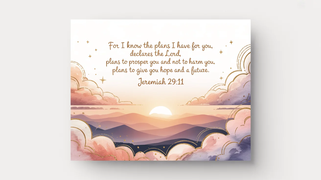 A beautifully designed graphic featuring the Bible verse Jeremiah 29:11, elegantly written in gold and white typography over a serene sunrise mountain background, presented as a mockup on a white surface.