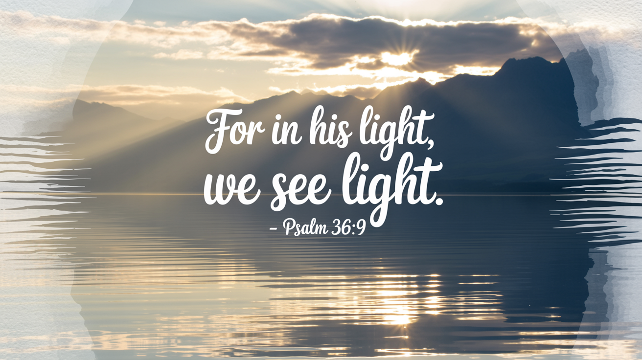 A mockup of a modern bible verse graphic design. The design shows a serene sunrise over a lake with the text 'For in His light, we see light. - Psalm 36:9' elegantly placed over the image. The entire graphic is presented on a white background.