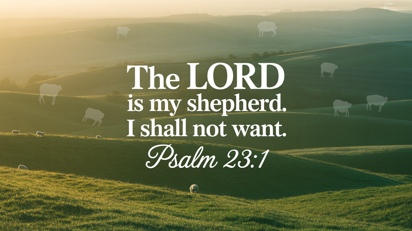 An inspirational graphic design featuring the Bible verse 'The Lord is my shepherd; I shall not want. Psalm 23:1' in elegant white typography over a serene image of sheep grazing on a green hill at sunrise.