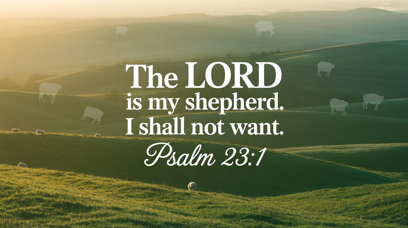 An inspirational graphic design featuring the Bible verse 'The Lord is my shepherd; I shall not want. Psalm 23:1' in elegant white typography over a serene image of sheep grazing on a green hill at sunrise.