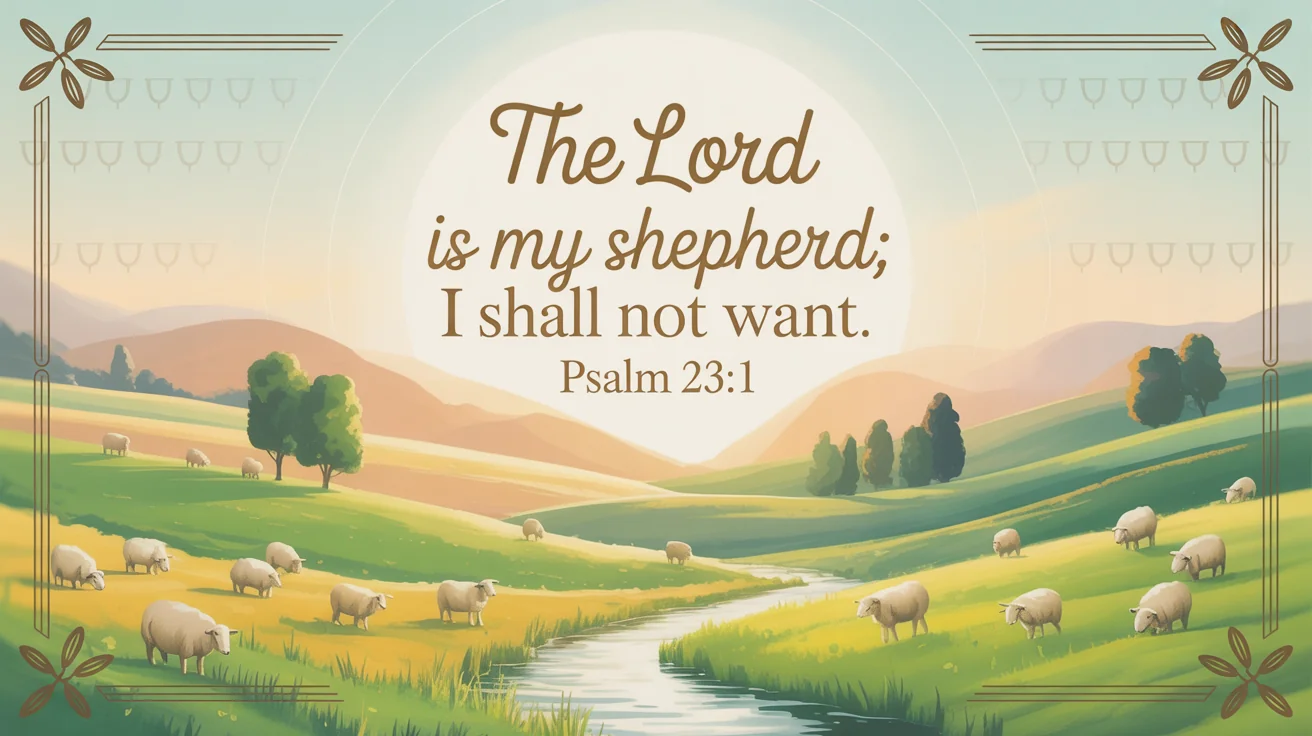 A modern graphic design of the Bible verse 'The Lord is my shepherd; I shall not want' in elegant gold text, set against a painterly background of a serene pasture at sunrise.