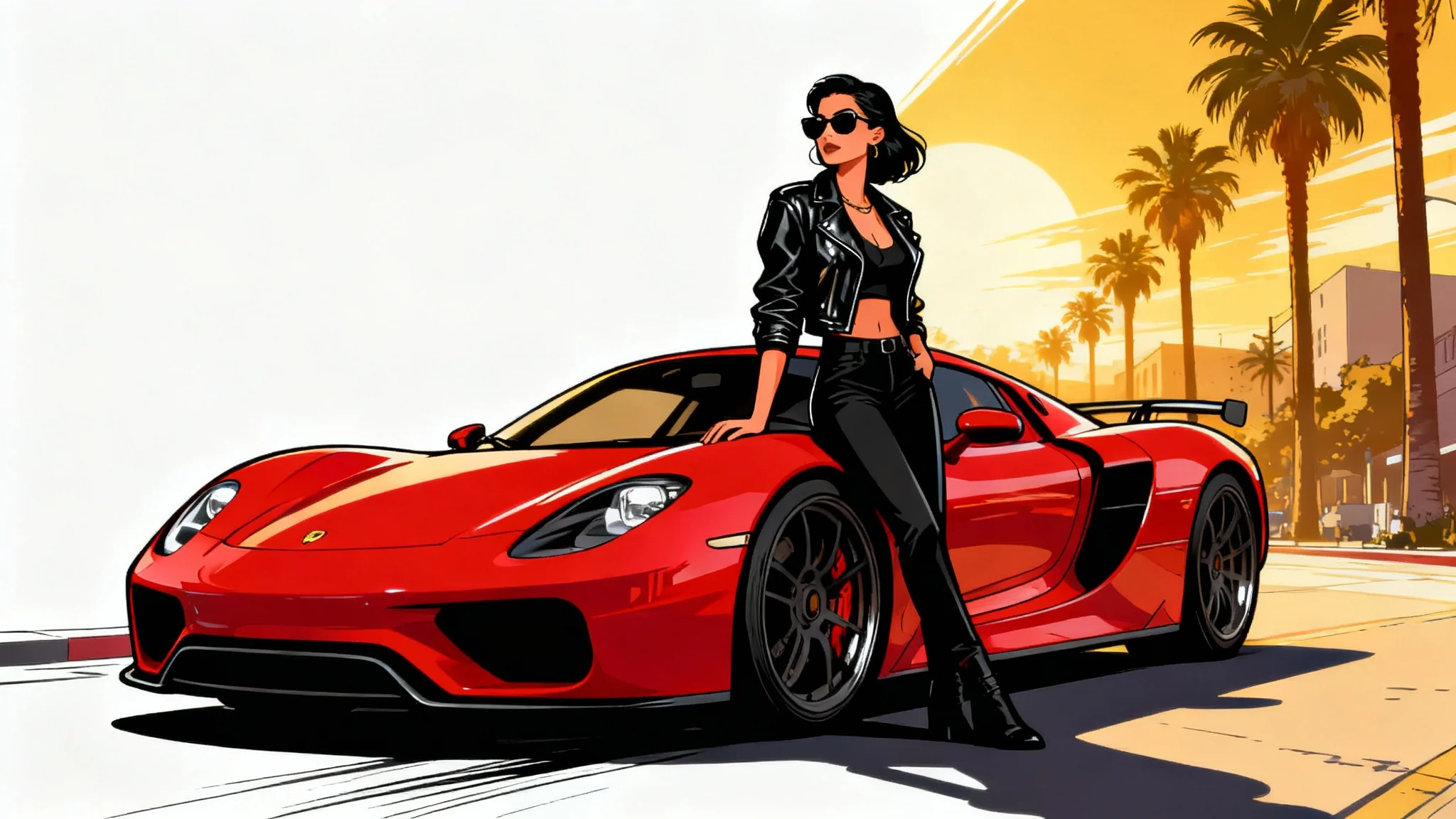 A woman leaning against a red sports car, illustrated in the vibrant and stylized art style of a Grand Theft Auto loading screen, set against a city backdrop with palm trees.