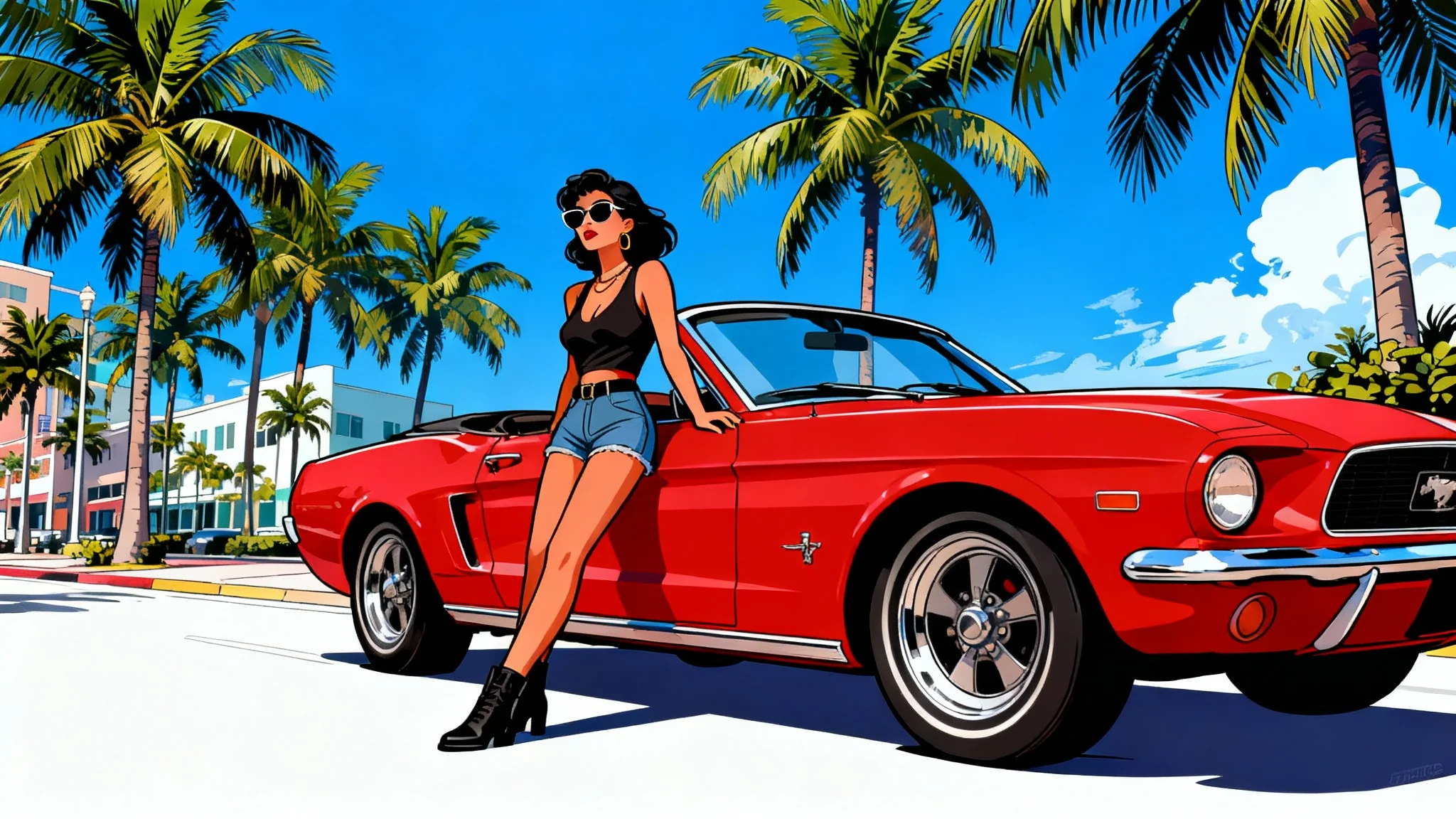 A stylized illustration in the style of a GTA loading screen, featuring a woman leaning against a red convertible on a sunny, palm-lined street.