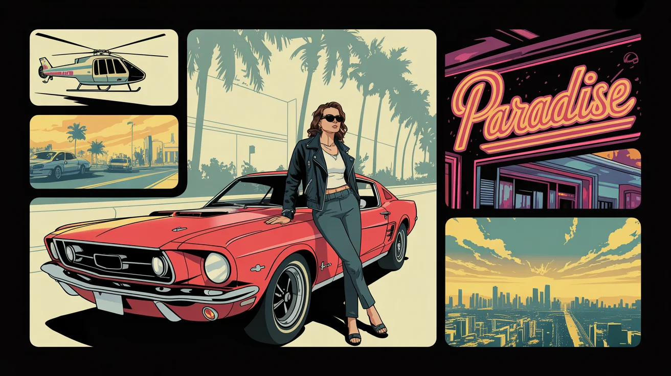 A mockup of a Grand Theft Auto style loading screen artwork. A central panel shows a woman leaning on a red muscle car, surrounded by smaller panels depicting a police helicopter, a neon sign, and a city skyline.