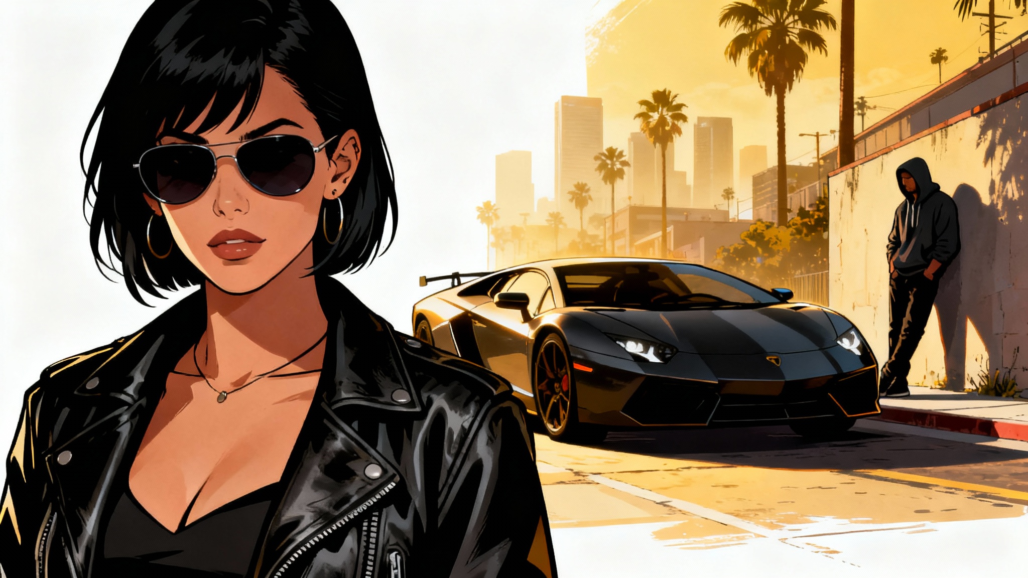 An illustration in the Grand Theft Auto art style, featuring a confident woman in a leather jacket, a sports car, and an urban background with palm trees, all on a white background.