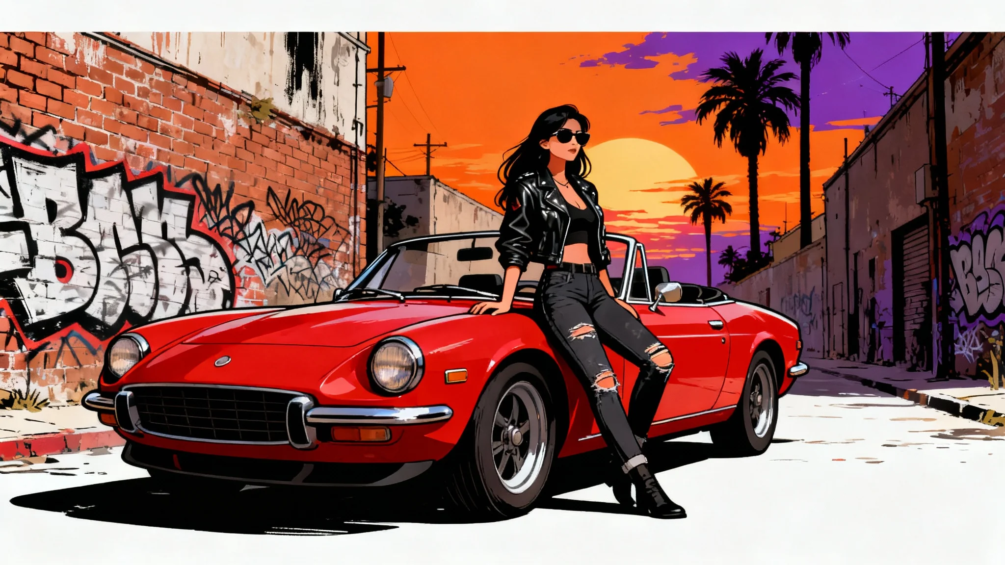 An illustration in the Grand Theft Auto art style, featuring a woman in a leather jacket leaning on a red sports car in a sun-drenched alley at sunset.