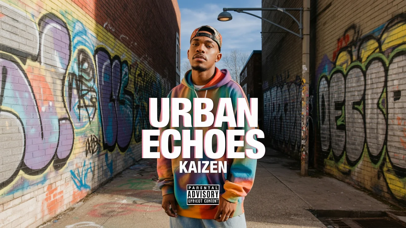A final, polished hip hop album cover for 'URBAN ECHOES' by 'KAIZEN', featuring a dynamic photo of a young Black man in a graffiti alley. Bold, modern text is overlaid, and a parental advisory sticker is in the corner, creating a professional final design.