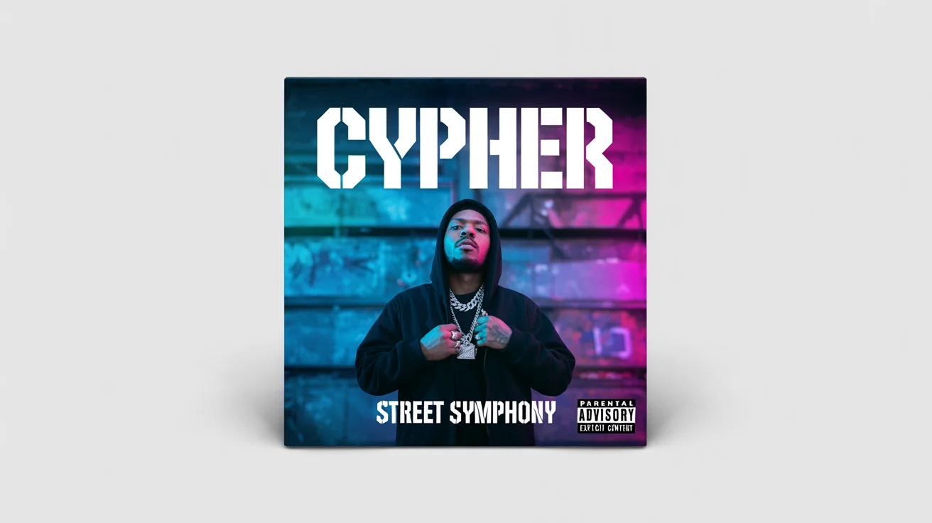 A mockup of a hip hop album cover titled 'STREET SYMPHONY' by 'CYPHER'. The art features a stylized photo of a rapper against a gritty, urban collage background, presented on a white surface.