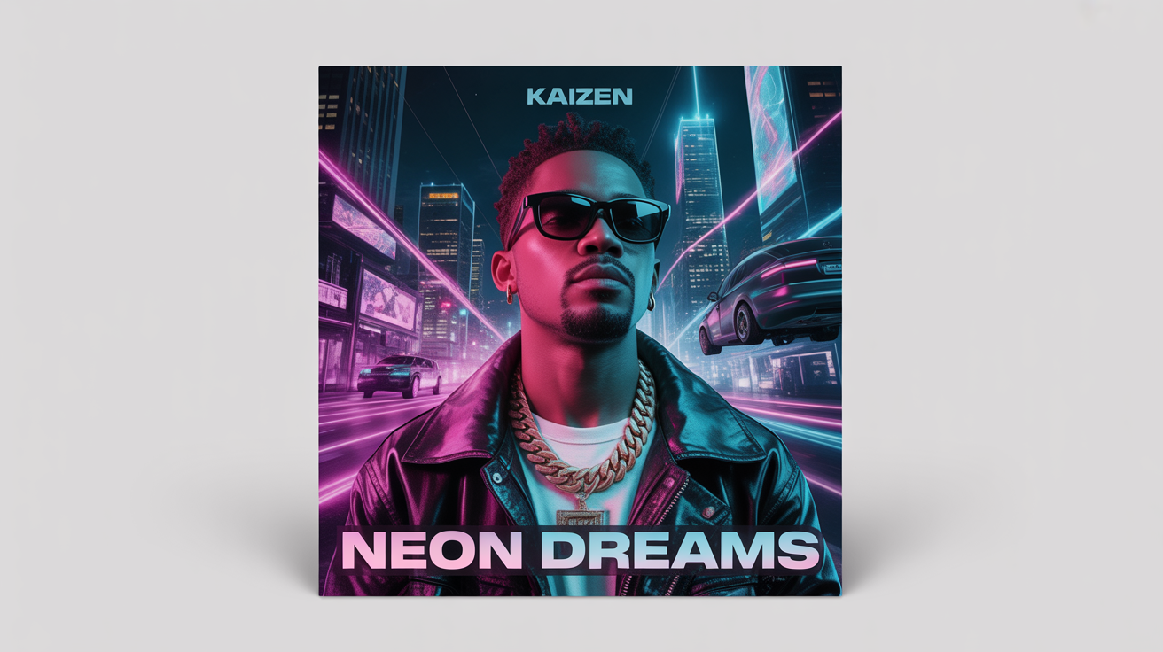 A mockup of a hip hop album cover for an artist named 'KAIZEN' and an album titled 'NEON DREAMS', featuring a stylish man against a surreal neon cityscape.