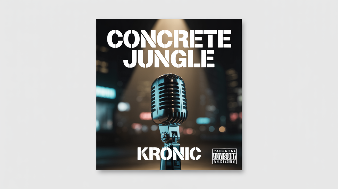 A mockup of a hip hop album cover for an artist named 'KRONIC' with the album title 'CONCRETE JUNGLE'. The art features a vintage microphone against a dark city backdrop.