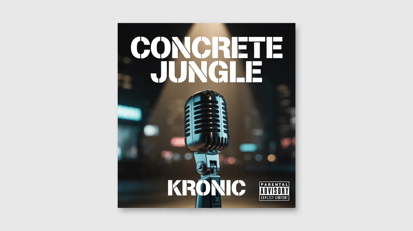 A mockup of a hip hop album cover for an artist named 'KRONIC' with the album title 'CONCRETE JUNGLE'. The art features a vintage microphone against a dark city backdrop.