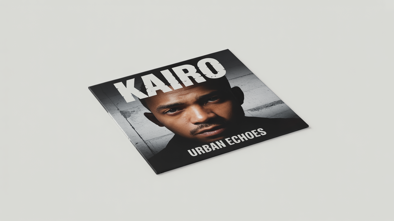 A mockup of a hip hop album cover for an artist named 'KAIRO' and an album titled 'URBAN ECHOES', featuring a man's portrait against a concrete wall. The vinyl sleeve is shown on a white background.