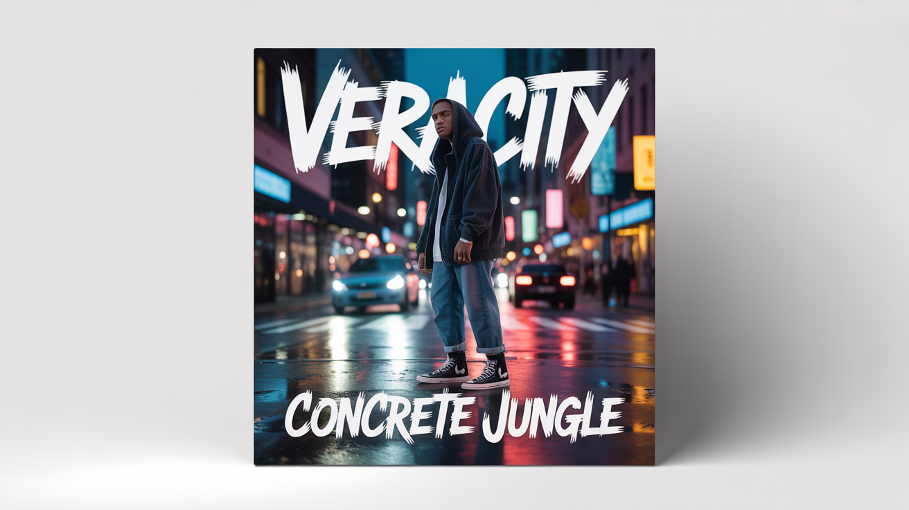 A mockup of a hip hop album cover titled 'CONCRETE JUNGLE' by the artist 'VERACITY', showing a rapper on a wet city street at night with neon lights in the background. The mockup is on a white background.