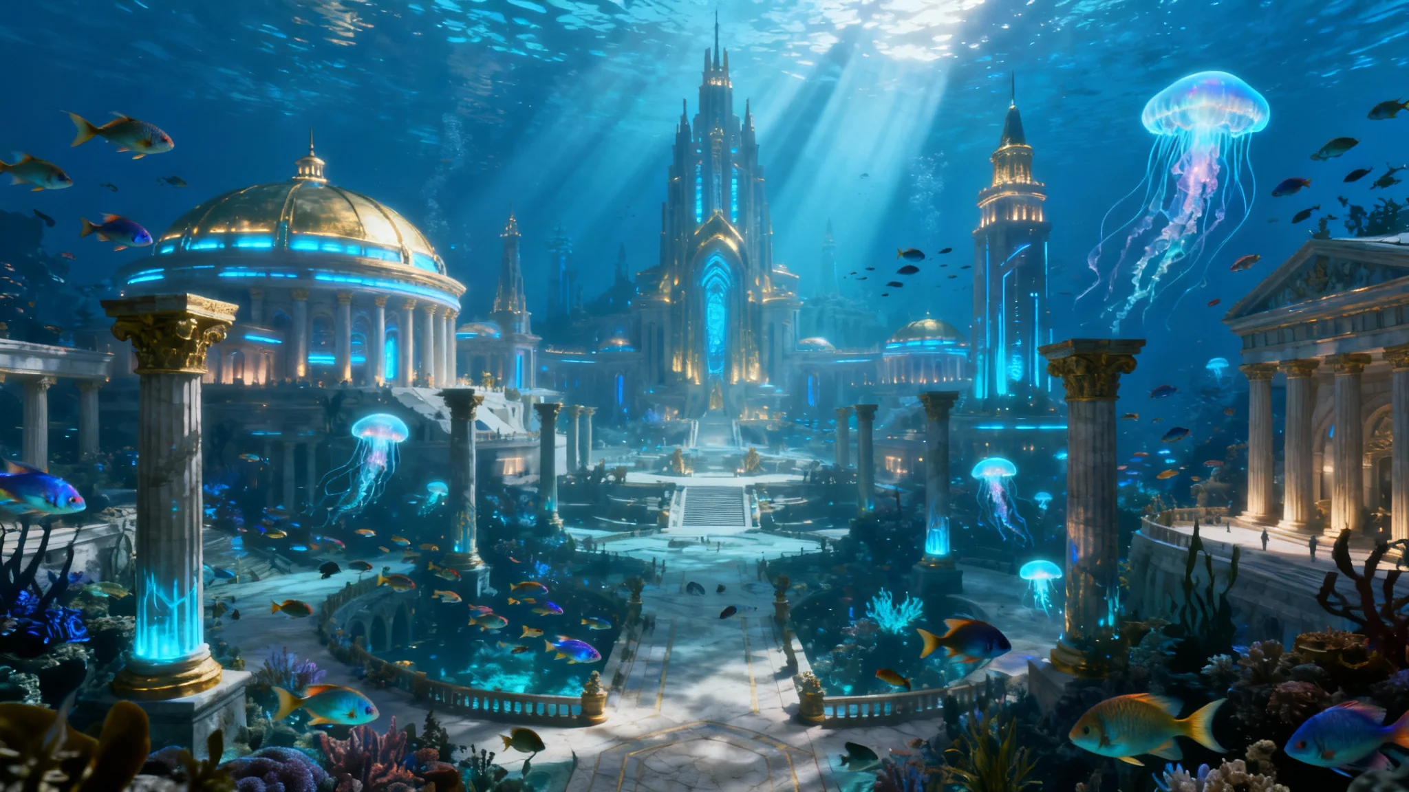 A breathtaking digital painting of the mythical underwater city of Atlantis, with grand, glowing architecture illuminated by sunbeams from the ocean surface, and vibrant marine life swimming throughout.