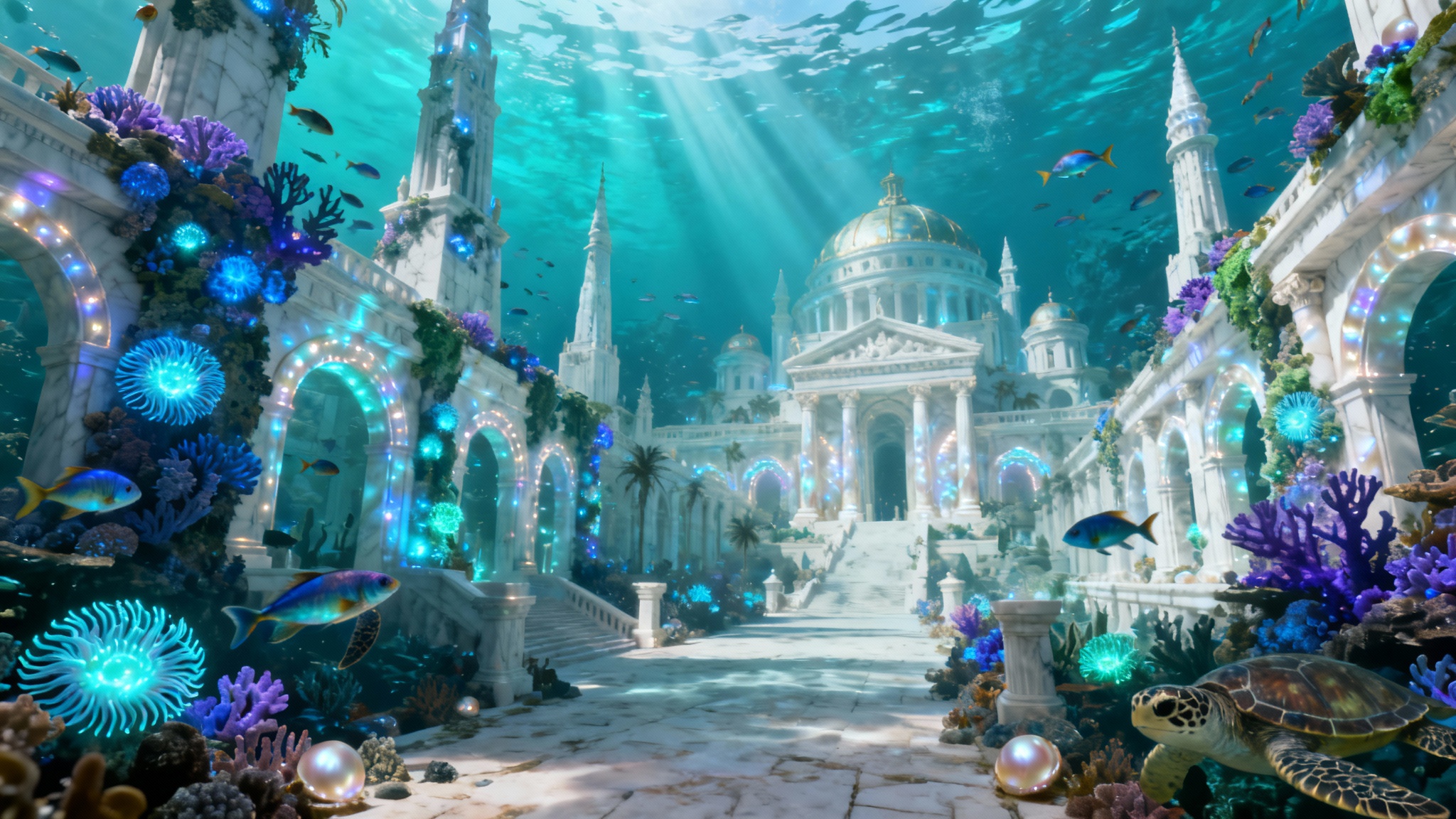 A stunning, photorealistic depiction of the mythical underwater city of Atlantis, featuring grand, glowing architecture illuminated by bioluminescent sea life and light rays from the ocean surface.