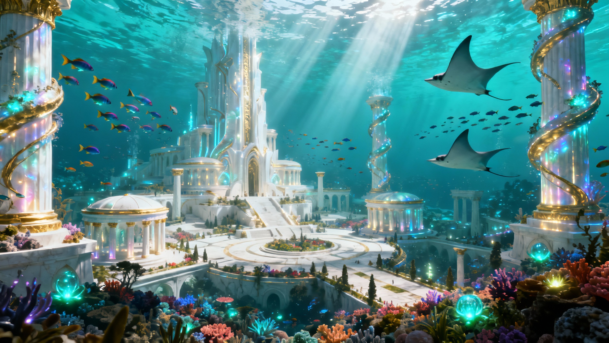A majestic panoramic view of the mythical city of Atlantis underwater, featuring glowing architecture, sunbeams through the water, and exotic sea life.
