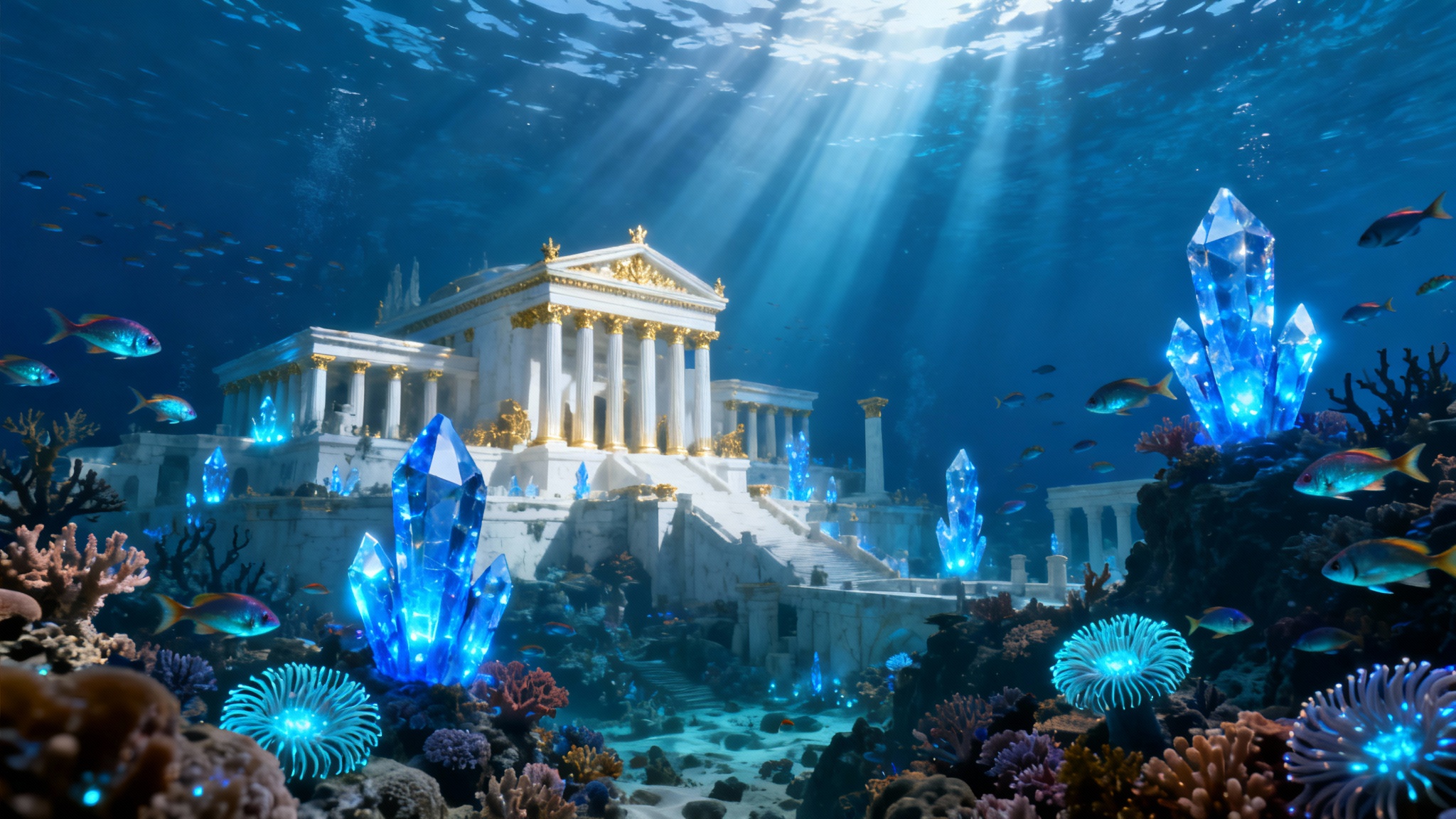 A stunning, photorealistic image of the mythical underwater city of Atlantis, with grand, glowing architecture illuminated by sunlight filtering through the deep blue ocean.