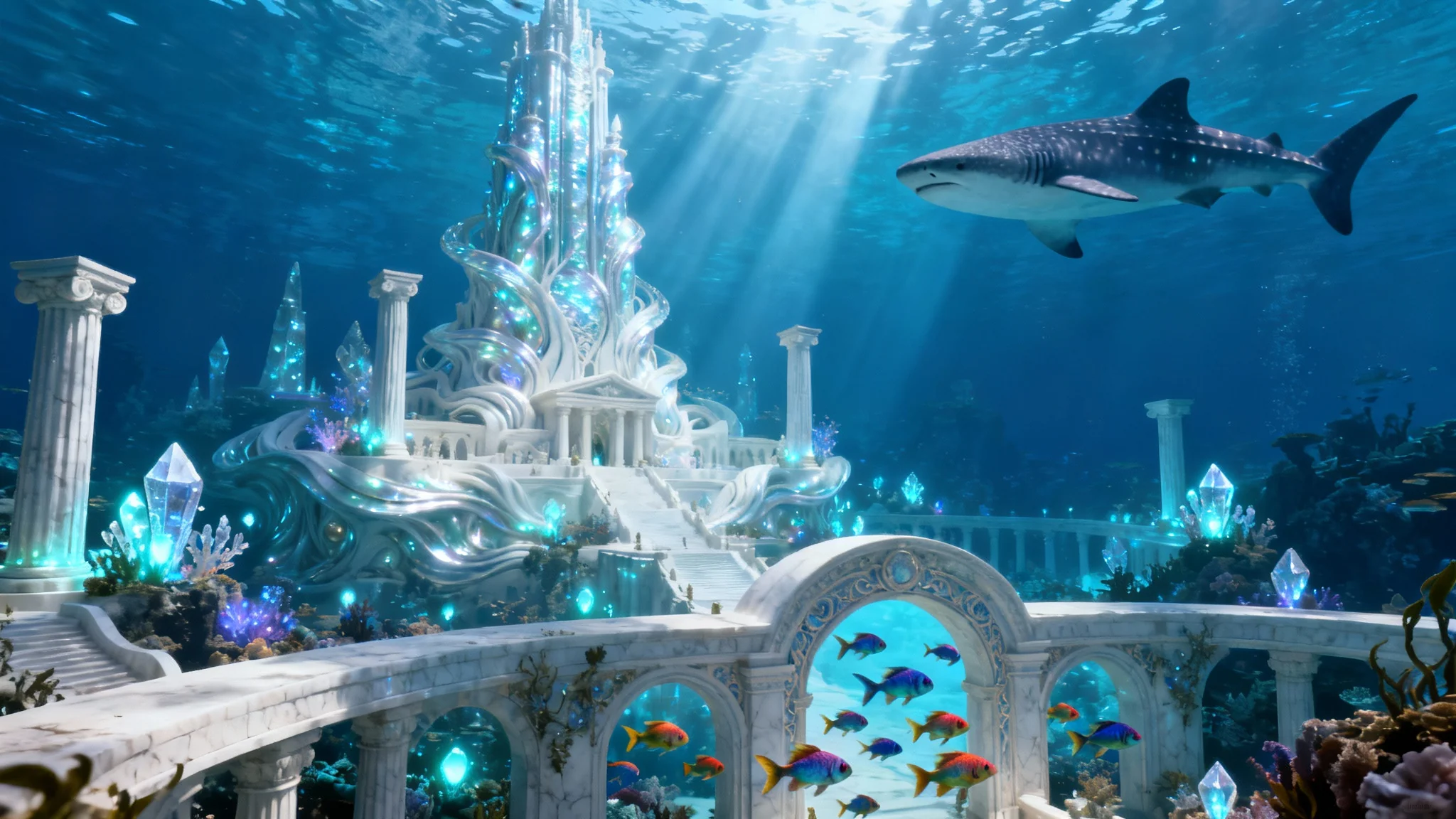 A breathtaking, photorealistic depiction of the underwater city of Atlantis, with majestic glowing towers, sunlight filtering through the ocean, and vibrant marine life swimming past.