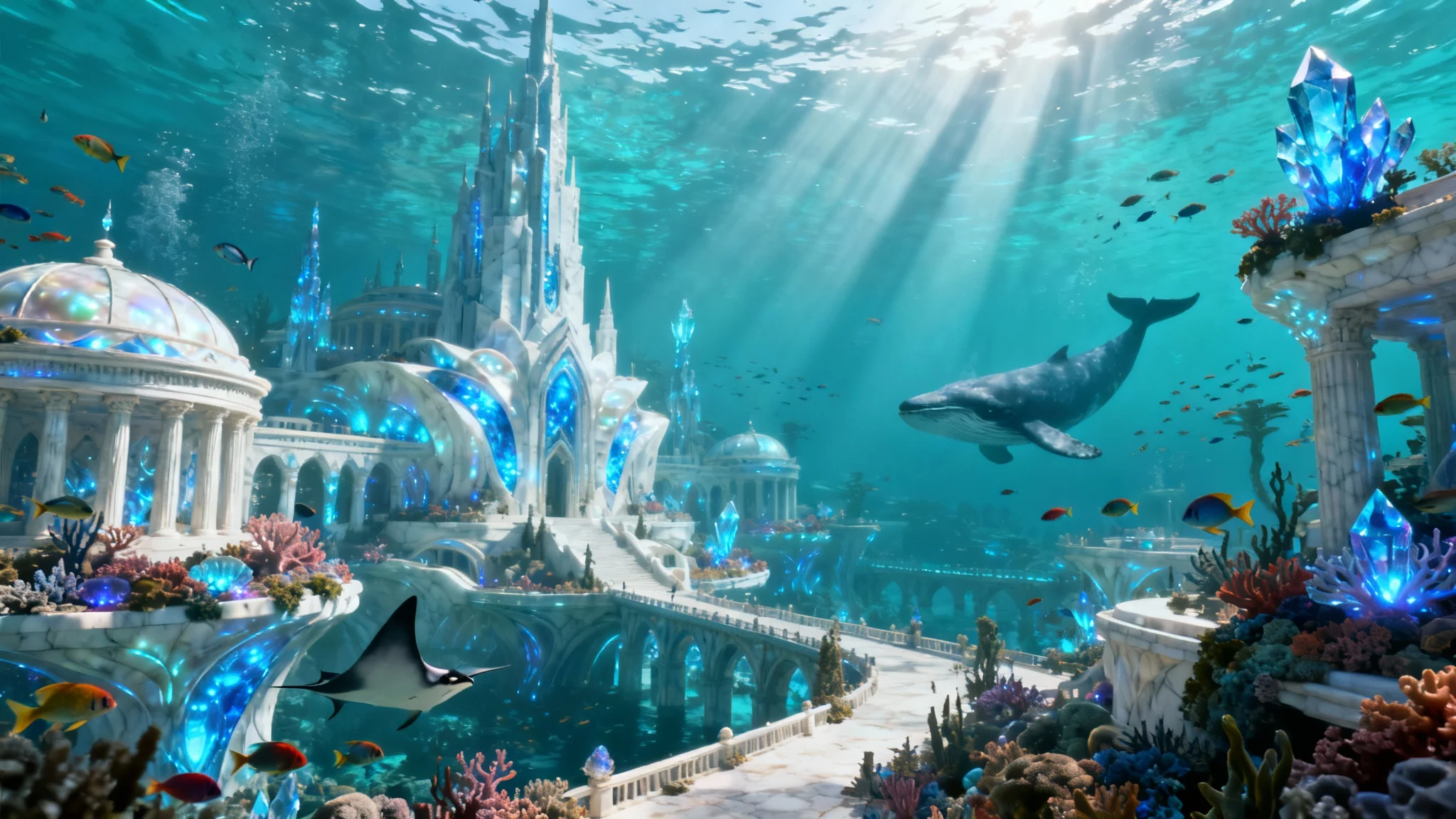A stunning, photorealistic depiction of the lost city of Atlantis deep underwater, featuring majestic glowing architecture, vibrant coral, diverse marine life, and beautiful sunbeams filtering through the ocean.