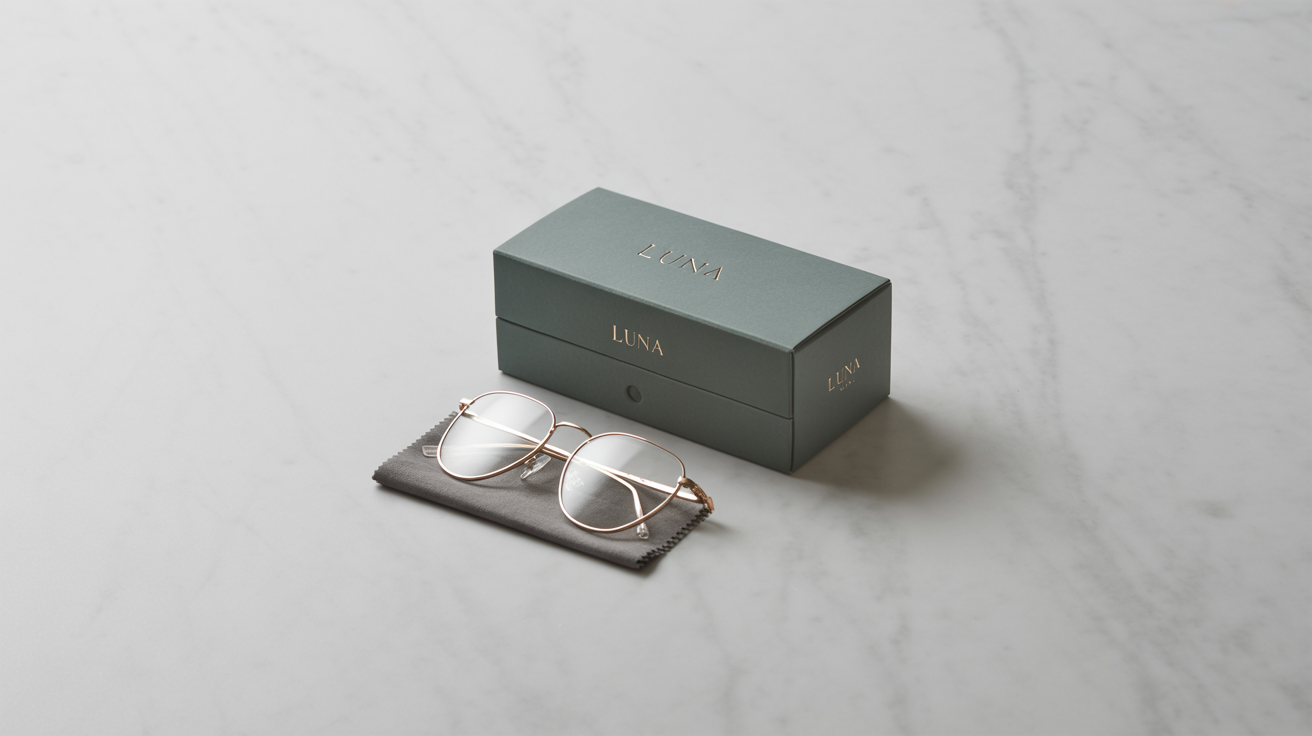 A professional product photograph showing the final design of a luxury glasses package. It features a forest green case and box with a gold 'LUNA' logo, displayed on a marble surface next to a pair of gold glasses.
