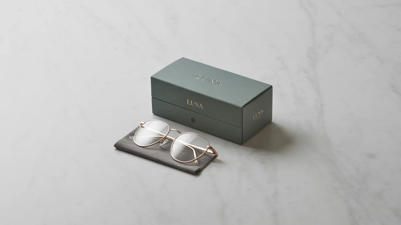 A professional product photograph showing the final design of a luxury glasses package. It features a forest green case and box with a gold 'LUNA' logo, displayed on a marble surface next to a pair of gold glasses.