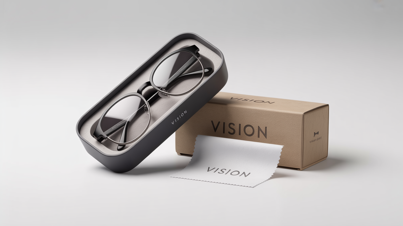A studio shot of sophisticated, eco-friendly glasses packaging on a white background, featuring a charcoal-gray case, a recycled cardstock box, and a branded cleaning cloth.