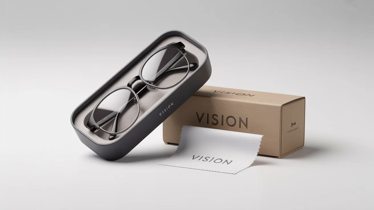 A studio shot of sophisticated, eco-friendly glasses packaging on a white background, featuring a charcoal-gray case, a recycled cardstock box, and a branded cleaning cloth.