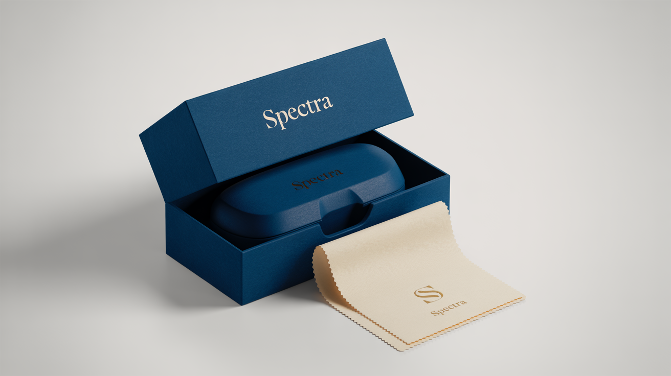A sophisticated mockup of luxury glasses packaging, featuring a navy blue box with the gold brand name 'SPECTRA', a hard-shell case, and a cleaning cloth, all set against a clean white background.