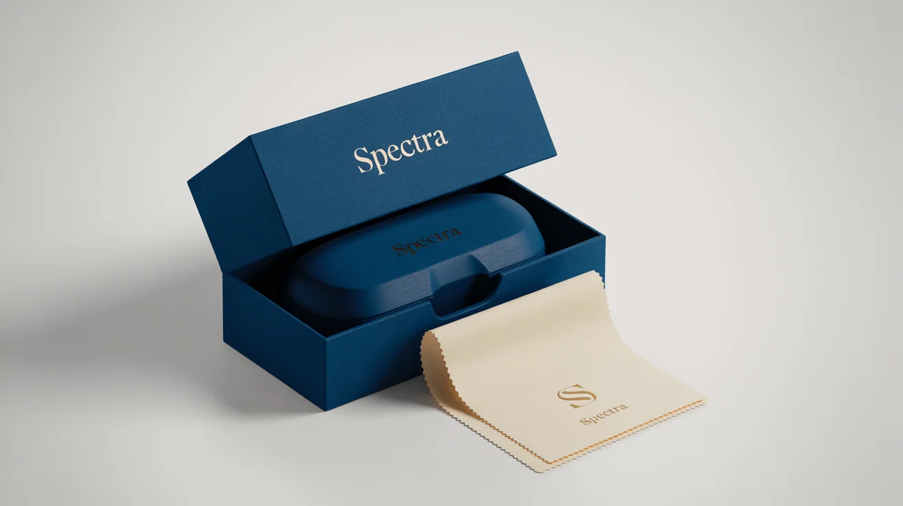 A sophisticated mockup of luxury glasses packaging, featuring a navy blue box with the gold brand name 'SPECTRA', a hard-shell case, and a cleaning cloth, all set against a clean white background.